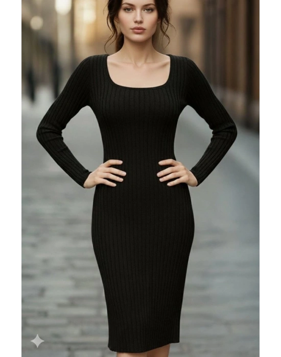 Kadın Uzun Kollu Kare Yakalı Midi şardonlu Kaşkorse Elbise