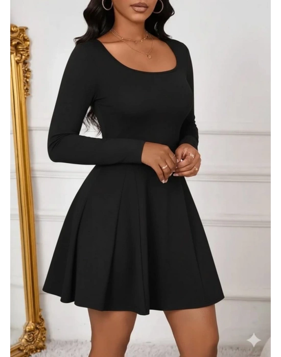 Kadın Uzun Kollu Kare Yakalı Mini Ithal Krep Elbise