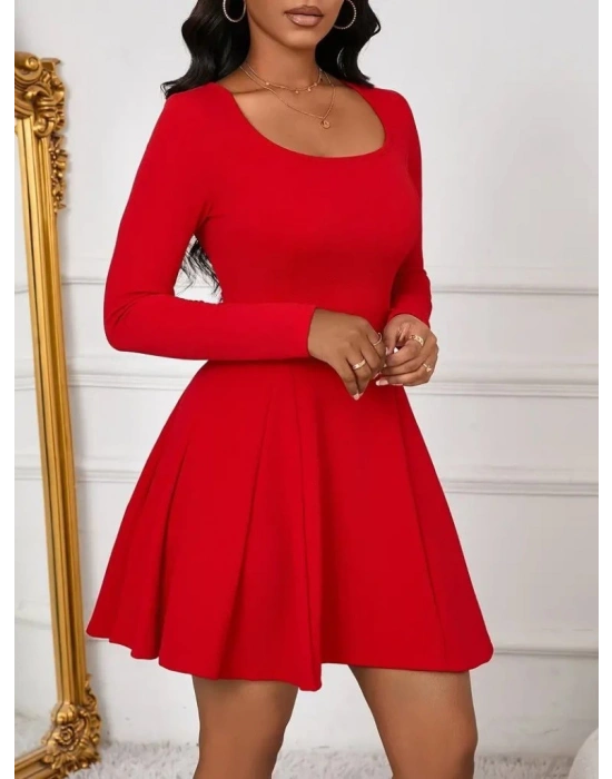 Kadın Uzun Kollu Kare Yakalı Mini Ithal Krep Elbise