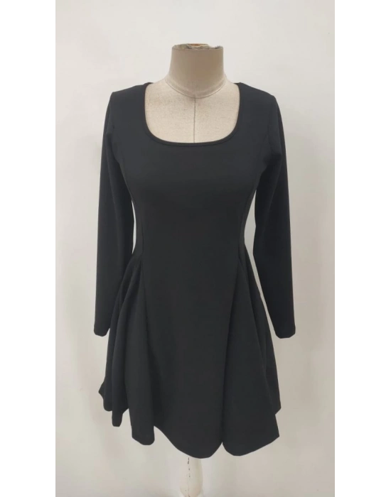 Kadın Uzun Kollu Kare Yakalı Mini Ithal Krep Elbise