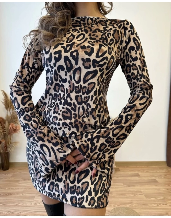 Kadın Uzun Kollu Kayık Yaka Leopar Baskılı Mini Elbise