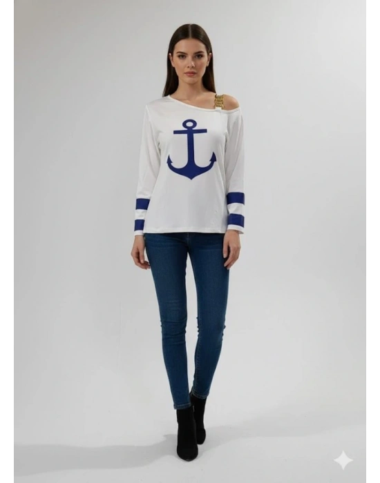 Kadın Uzun Kollu Kayık Yaka Omuz Dekoltesi Ve Toka Detaylı Bluz