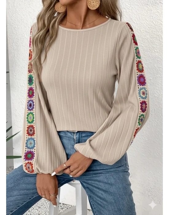Kadın Uzun Kollu Kayık Yaka şardonlu Kaşkorse Bej Bluz