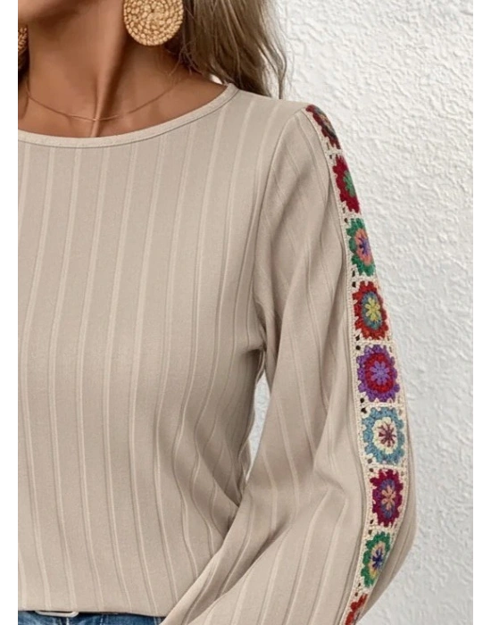 Kadın Uzun Kollu Kayık Yaka şardonlu Kaşkorse Bej Bluz