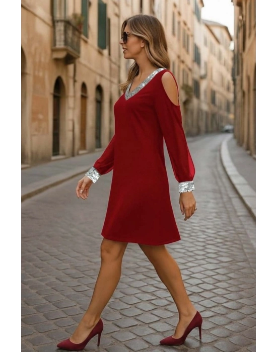 Kadın Uzun Kollu Kollar Tül V Yakalı Mini Janjan Krep Elbise