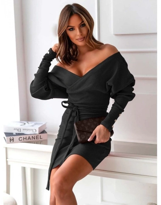 Kadın Uzun Kollu Kruvaze Yaka Bağcık Detay Akrilik Mini Boy Elbise