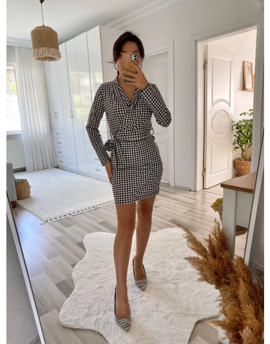 Kadın Uzun Kollu Kruvaze Yaka Bağlamalı Kemer Dalgıç Mini Boy Elbise