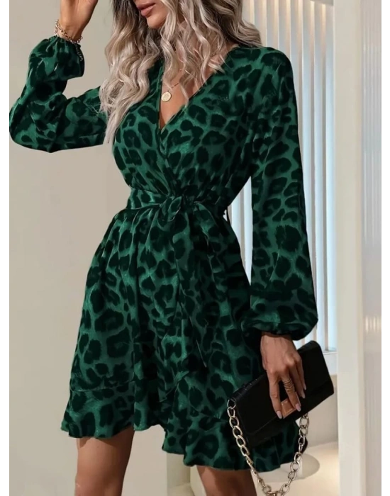 Kadın Uzun Kollu Kruvaze Yaka Beden Kuşaklı çapraz Kesim Detaylı Leopar Modal Mini Elbise