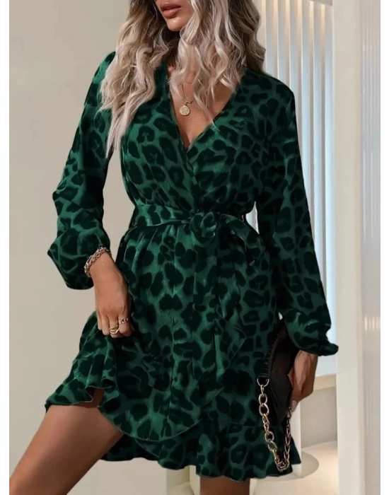 Kadın Uzun Kollu Kruvaze Yaka Beden Kuşaklı çapraz Kesim Detaylı Leopar Modal Mini Elbise