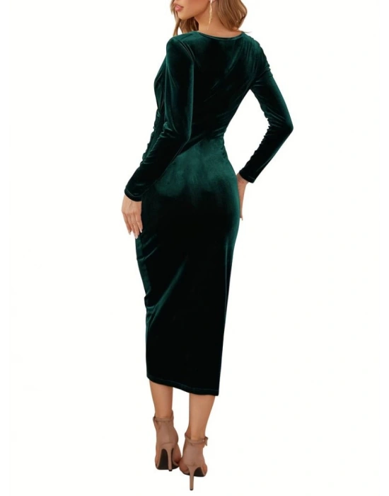 Kadın Uzun Kollu Kruvaze Yaka Belden Büzgü Detay Midi Kadife Elbise