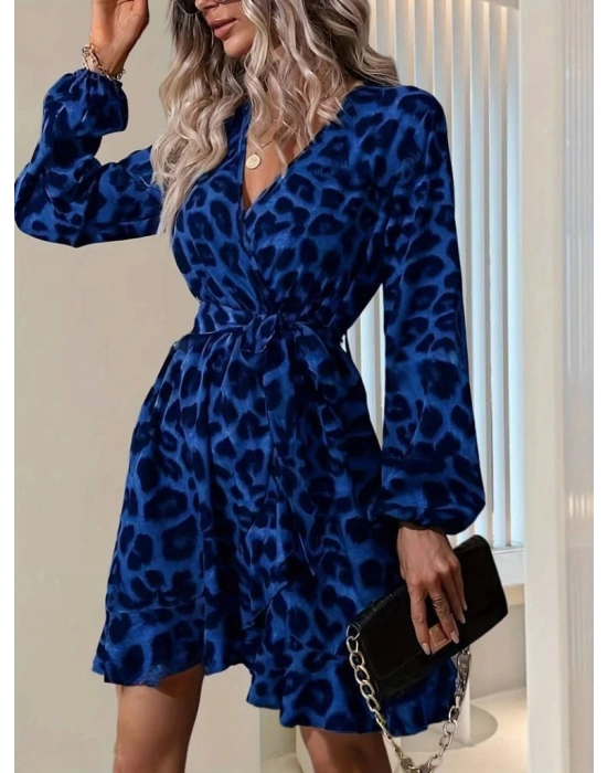 Kadın Uzun Kollu Kruvaze Yaka Belden Kuşaklı çapraz Kesim Detaylı Leopar Modal Mini Elbise