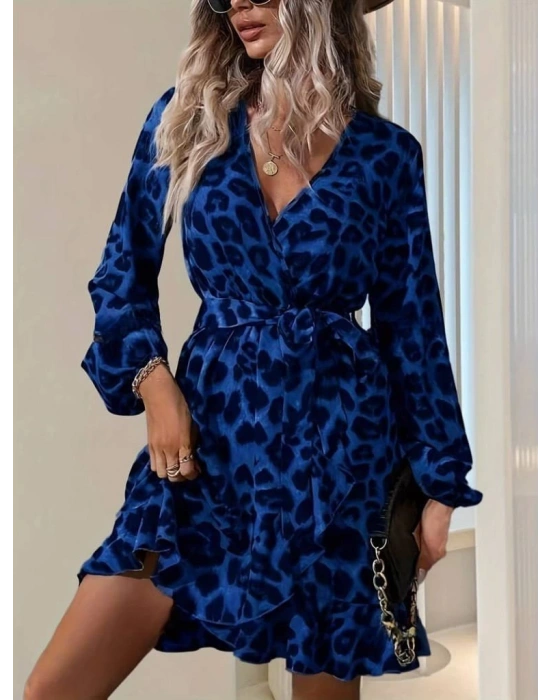 Kadın Uzun Kollu Kruvaze Yaka Belden Kuşaklı çapraz Kesim Detaylı Leopar Modal Mini Elbise