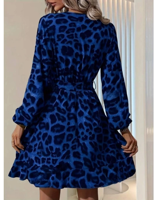 Kadın Uzun Kollu Kruvaze Yaka Belden Kuşaklı çapraz Kesim Detaylı Leopar Modal Mini Elbise