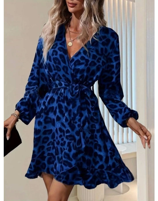 Kadın Uzun Kollu Kruvaze Yaka Belden Kuşaklı çapraz Kesim Detaylı Leopar Modal Mini Elbise