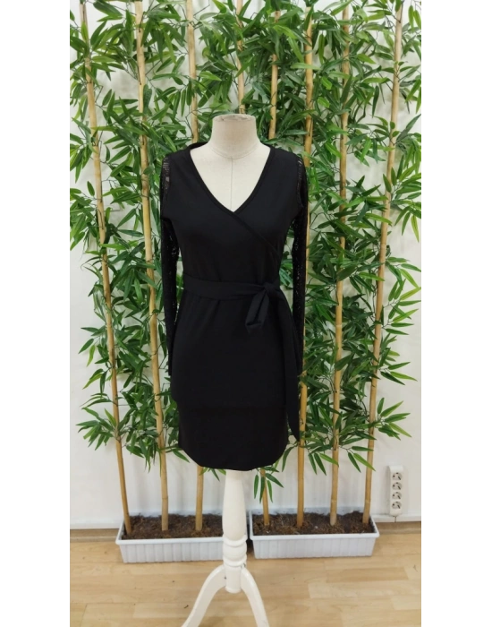 Kadın Uzun Kollu Kruvaze Yaka Belden Kuşaklı Dantel Detaylı Kısa Ithal Krep Elbise