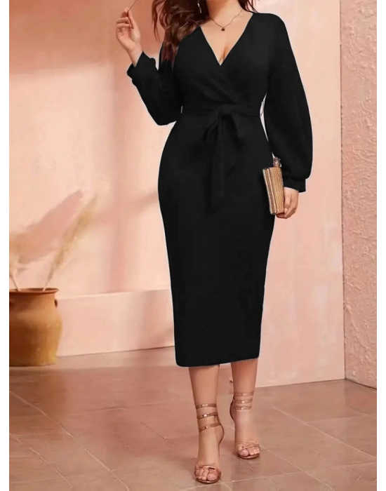 Kadın Uzun Kollu Kruvaze Yaka Belden Kuşaklı Midi Ithal Krep Elbise
