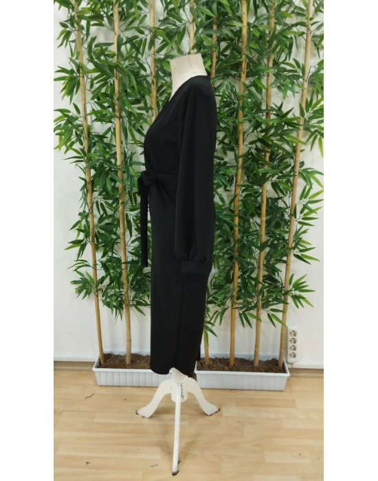 Kadın Uzun Kollu Kruvaze Yaka Belden Kuşaklı Midi Ithal Krep Elbise