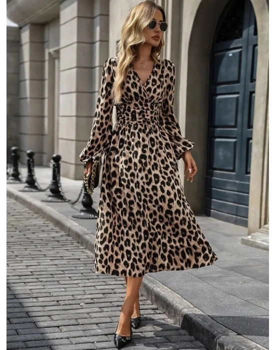 Kadın Uzun Kollu Kruvaze Yaka Belden Oturtmalı Midi Modal Leopar Desenli Elbise