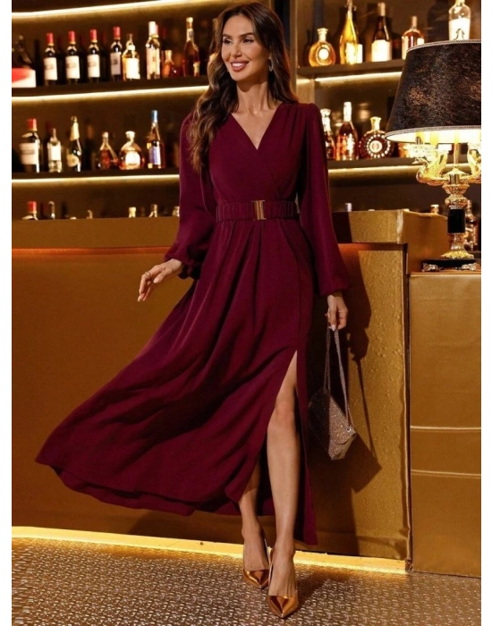 Kadın Uzun Kollu Kruvaze Yaka Beli Kemerli Yırtmaçlı Uzun Ithal Krep Elbise