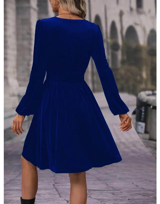 Kadın Uzun Kollu Kruvaze Yaka Beli Lastikli Kiloş Kadife Elbise