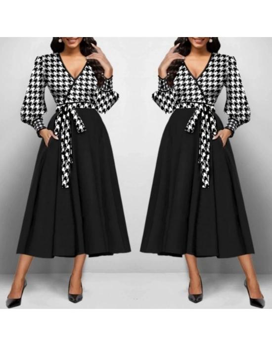 Kadın Uzun Kollu Kruvaze Yaka Dalgıç Krep Midi Boy Elbise