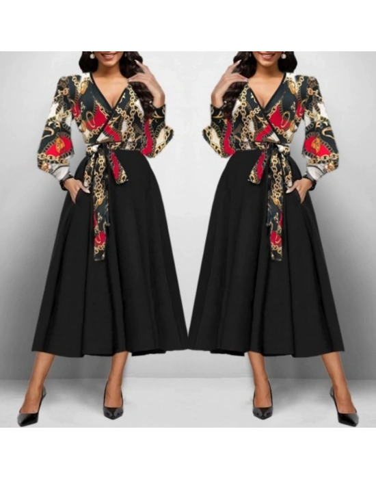 Kadın Uzun Kollu Kruvaze Yaka Dalgıç Krep Midi Boy Elbise