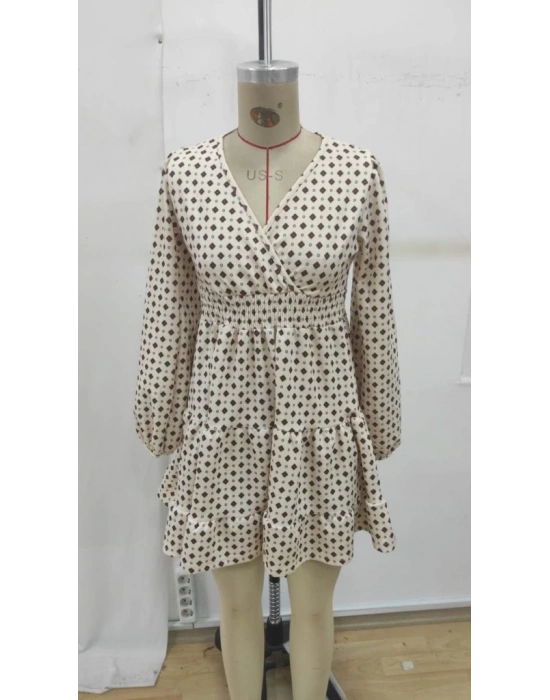 Kadın Uzun Kollu Kruvaze Yaka Desenli Mini Modal Elbise