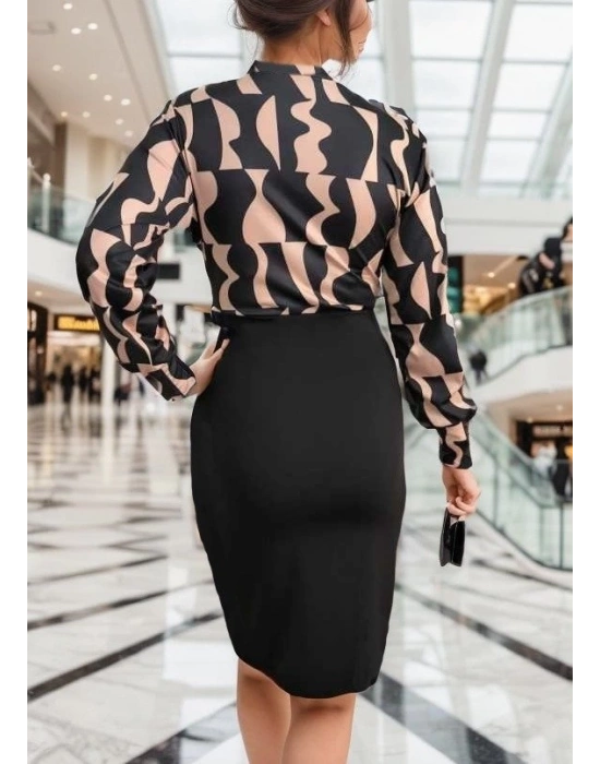 Kadın Uzun Kollu Kruvaze Yaka Dijital Baskılı Fiyonk Detay Atlas Kumaş Elbise