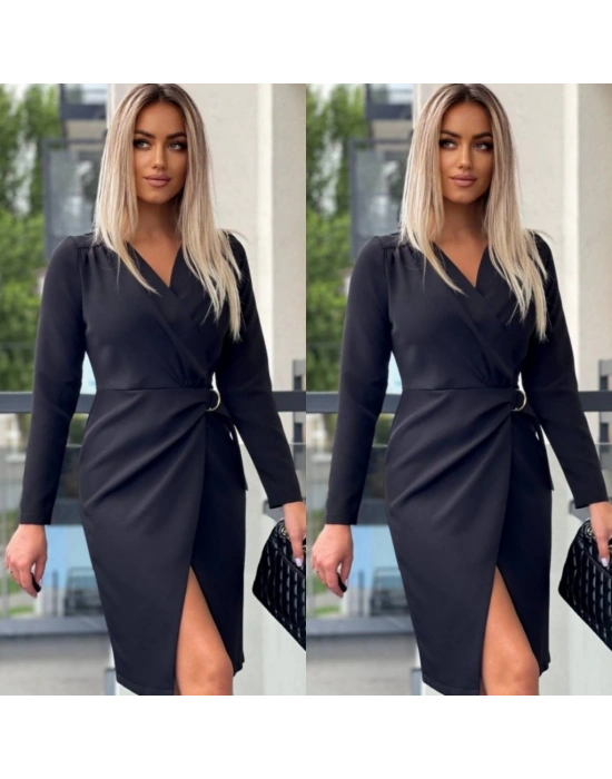 Kadın Uzun Kollu Kruvaze Yaka Etek Kruvaze Kesim Bel Toka Detaylı Krep Elbise