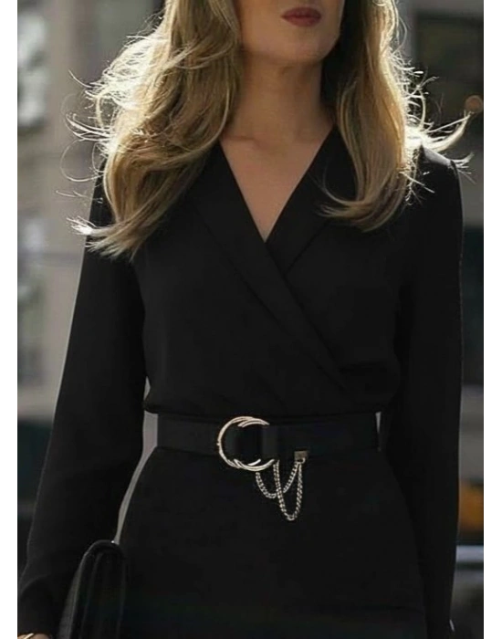 Kadın Uzun Kollu Kruvaze Yaka Janjan Krep Midi Elbise