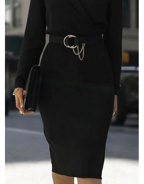 Kadın Uzun Kollu Kruvaze Yaka Janjan Krep Midi Elbise