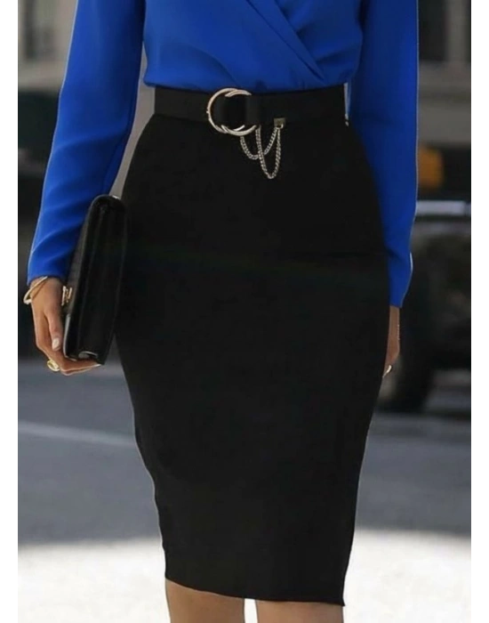 Kadın Uzun Kollu Kruvaze Yaka Janjan Krep Midi Elbise