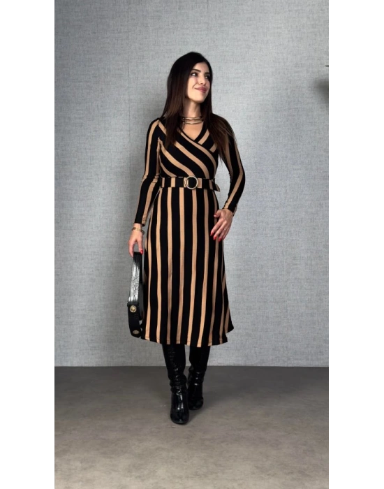 Kadın Uzun Kollu Kruvaze Yaka Kemer Dahil çizgili Triko Elbise