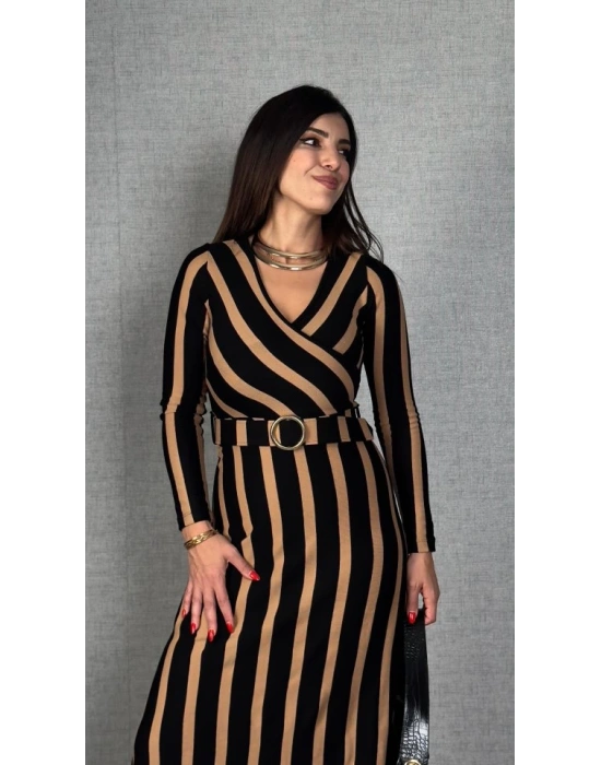 Kadın Uzun Kollu Kruvaze Yaka Kemer Dahil çizgili Triko Elbise