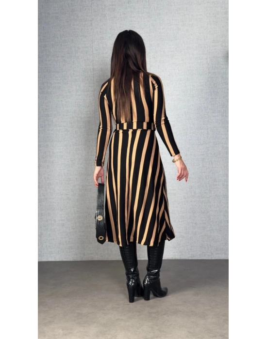 Kadın Uzun Kollu Kruvaze Yaka Kemer Dahil çizgili Triko Elbise