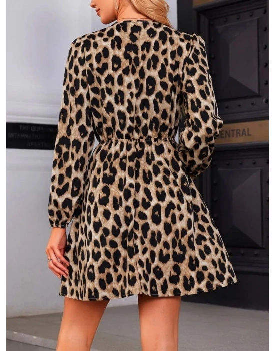Kadın Uzun Kollu Kruvaze Yaka Kemerli Desenli Mini Leopar Elbise