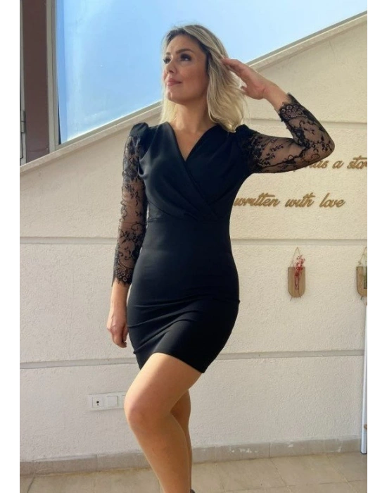 Kadın Uzun Kollu Kruvaze Yaka Kollar Tül Detay Krep Mini Boy Elbise