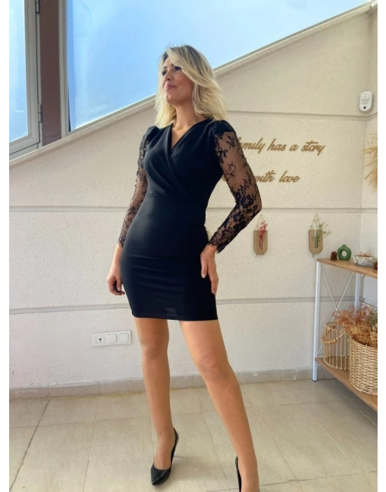 Kadın Uzun Kollu Kruvaze Yaka Kollar Tül Detay Krep Mini Boy Elbise