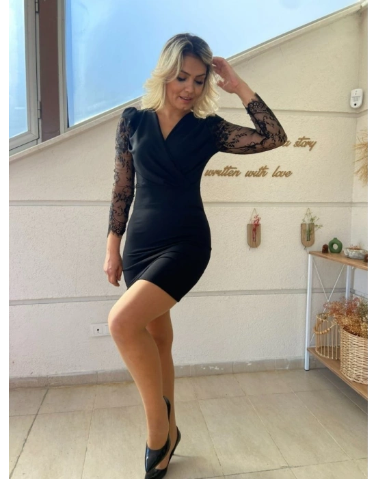 Kadın Uzun Kollu Kruvaze Yaka Kollar Tül Detay Krep Mini Boy Elbise