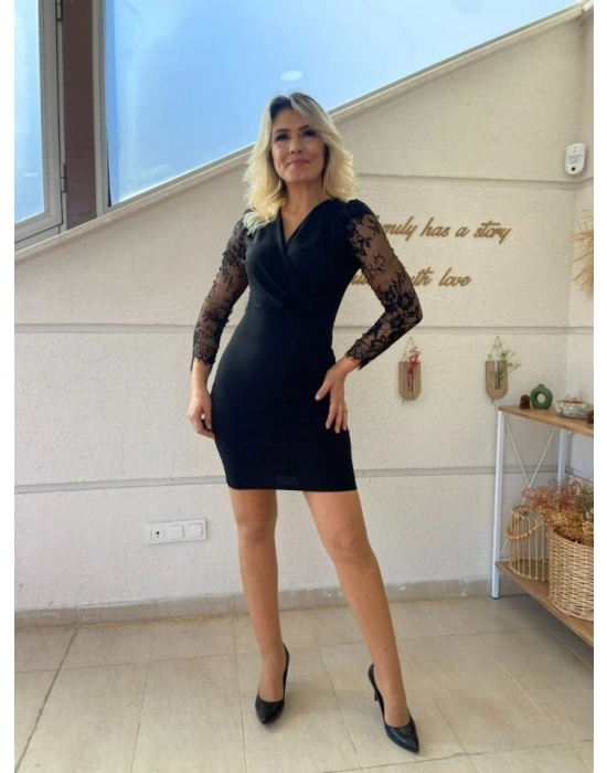 Kadın Uzun Kollu Kruvaze Yaka Kollar Tül Detay Krep Mini Boy Elbise