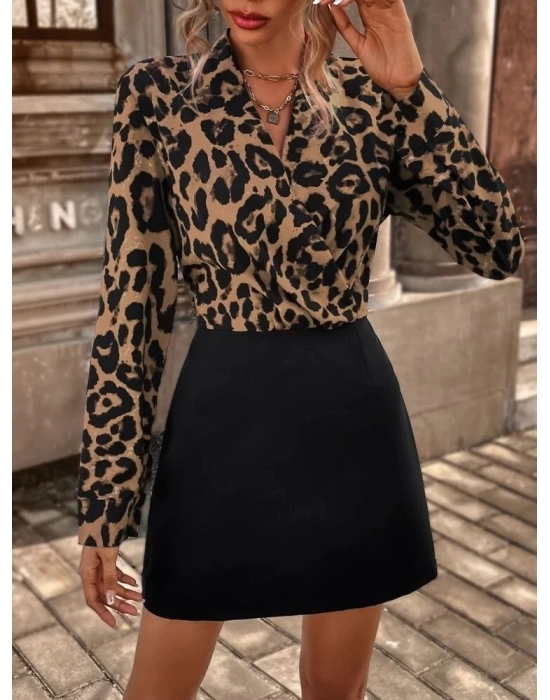 Kadın Uzun Kollu Kruvaze Yaka Krep Mini Boy Elbise