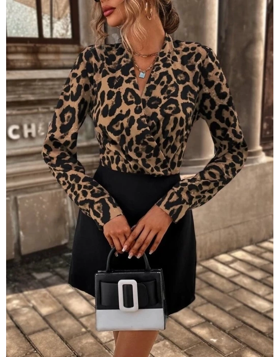 Kadın Uzun Kollu Kruvaze Yaka Krep Mini Boy Elbise