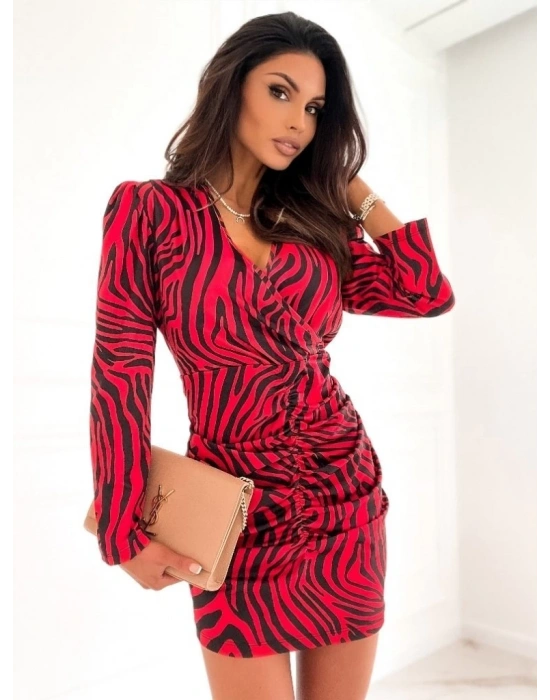 Kadın Uzun Kollu Kruvaze Yaka ön Kısım Büzgülü Dalgıç Mini Boy Elbise