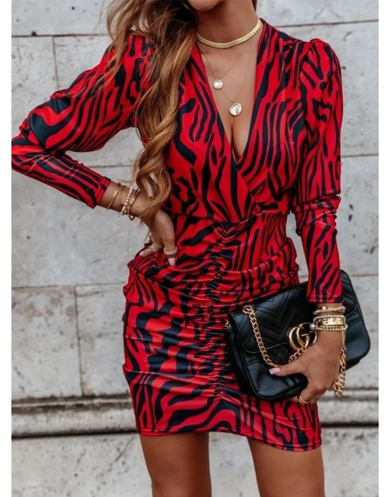 Kadın Uzun Kollu Kruvaze Yaka ön Kısım Büzgülü Dalgıç Mini Boy Elbise