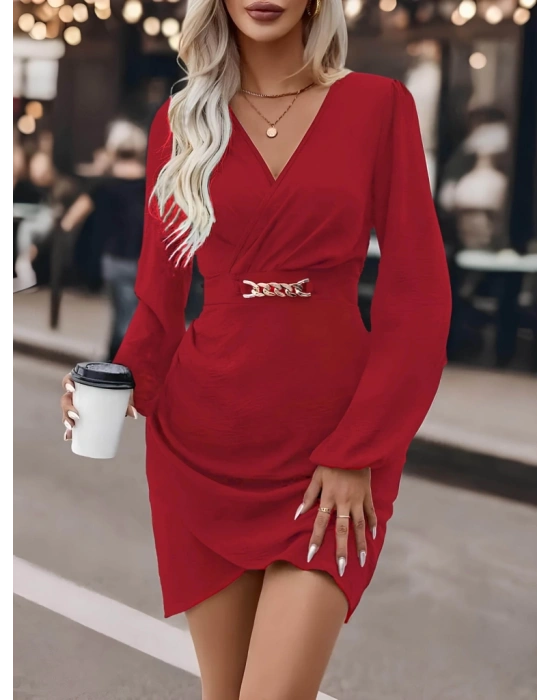 Kadın Uzun Kollu Kruvaze Yaka önden Asimetrik Detay Kısa Krep Elbise