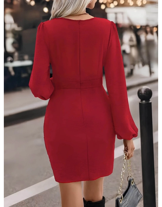 Kadın Uzun Kollu Kruvaze Yaka önden Asimetrik Detay Kısa Krep Elbise