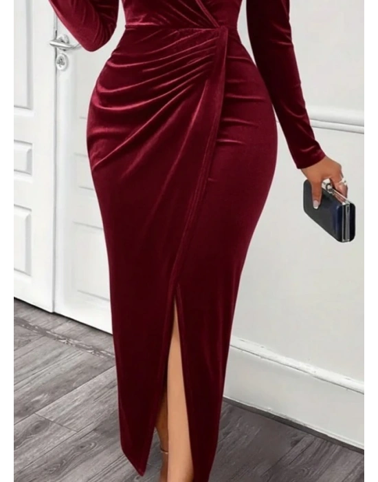 Kadın Uzun Kollu Kruvaze Yaka önünden çapraz Detaylı Uzun Kadife Elbise