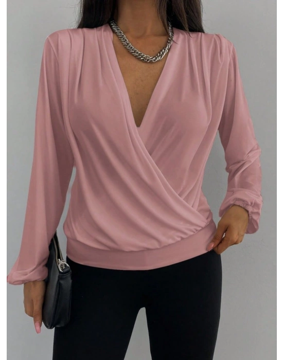 Kadın Uzun Kollu Kruvaze Yaka Sandy Bluz