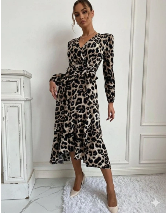 Kadın Uzun Kollu Kruvaze Yaka Yandan Bağlamalı önden Fırfır Detaylı Süprem Uzun Elbise