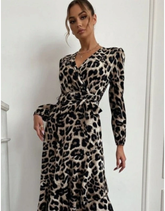 Kadın Uzun Kollu Kruvaze Yaka Yandan Bağlamalı önden Fırfır Detaylı Süprem Uzun Elbise